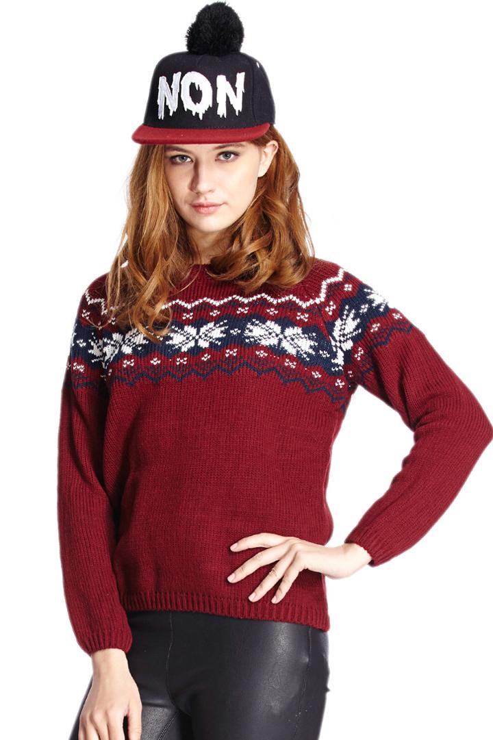 Romwe Romwe Christmas Sweater Snowflakes Knitted Long Sleeves Red Jumper