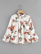 Romwe Fluted Sleeve Floral Print Pleated Front Blouse