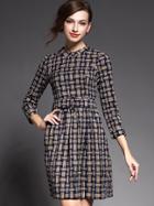 Romwe Khaki Round Neck Length Sleeve Drawstring Print Dress