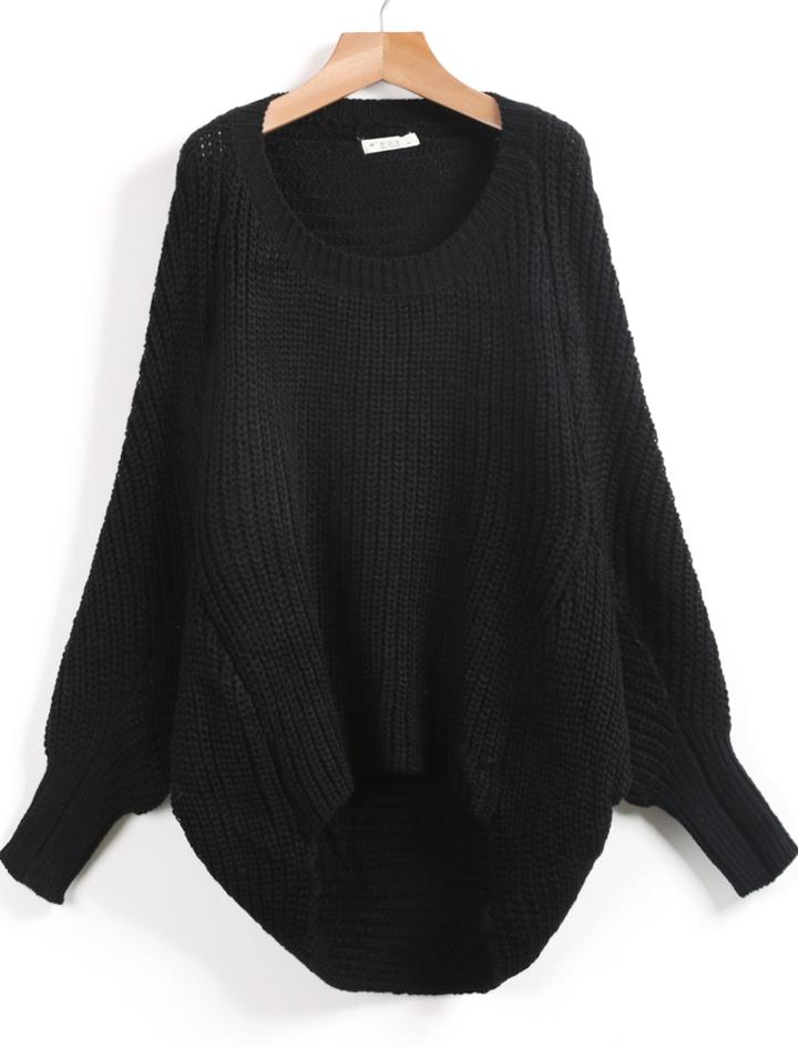 Romwe Dipped Hem Loose Black Sweater
