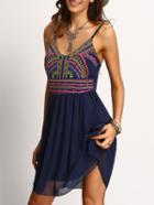 Romwe Navy Spaghetti Strap Print Dress