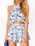 Romwe Halter Crop Top With Printed Shorts