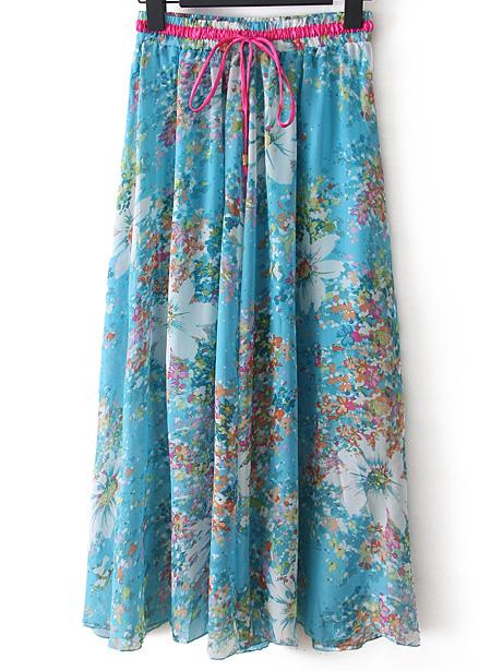Romwe Florals Pleated Skirt With Drawstring