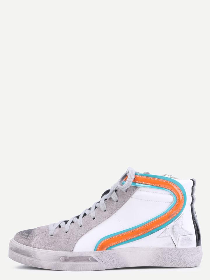 Romwe Genuine Leather Lace Up Mid Top Distressed Sneakers