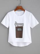 Romwe White Coffee Print High Low T-shirt
