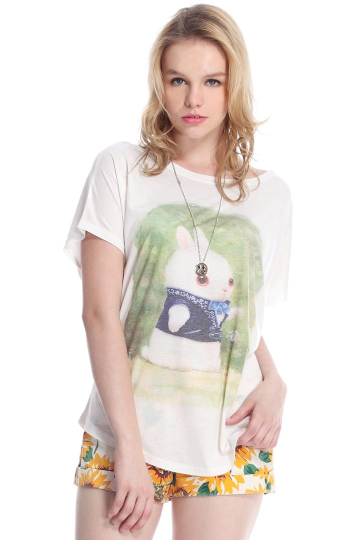 Romwe Rabbit Printed Green Background White T-shirt