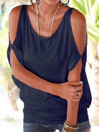 Romwe Navy Cutout Shoulder Keyhole Tie-back T-shirt