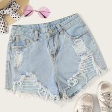 Romwe Raw Hem Stitch Detail Ripped Denim Shorts