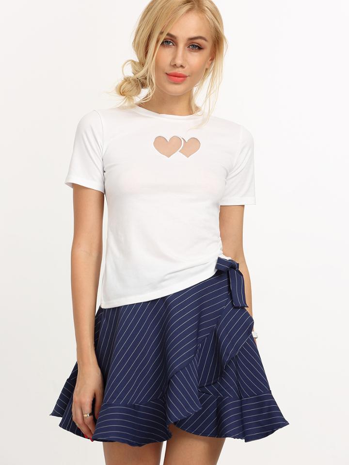 Romwe Blue Striped Self Tie Ruffled Skirt