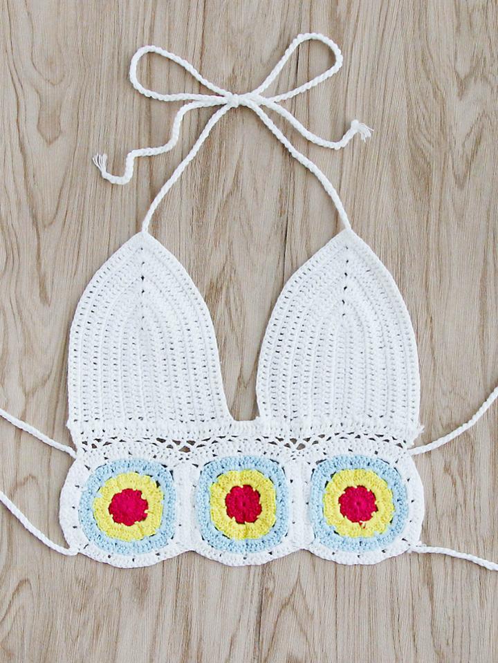 Romwe Flower Pattern Crochet Triangle Bikini Top
