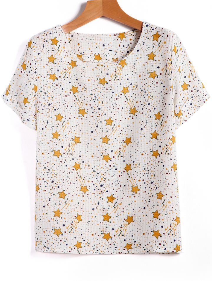 Romwe Round Neck Star Print T-shirt