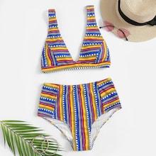 Romwe Striped Plunge Top With High Waist Bikini Set