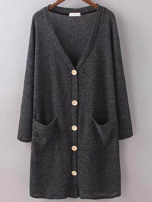 Romwe Buttons Pockets Long Grey Cardigan