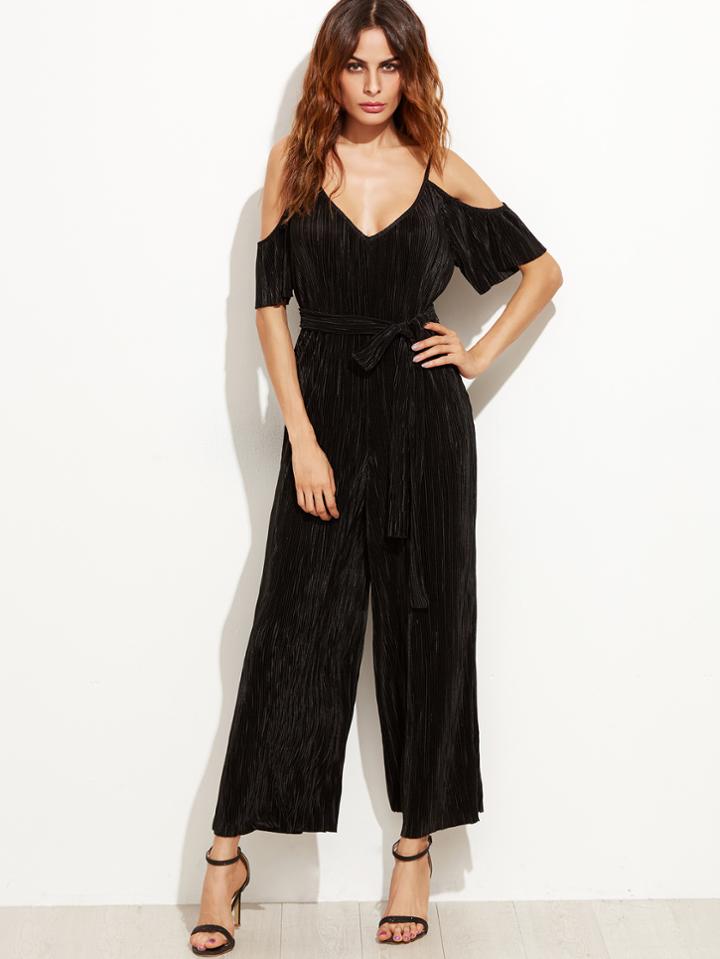 Romwe Cold Shoulder Self Tie Pleated Wide Leg Jumpsuit