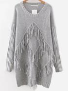 Romwe Grey Drop Shoulder Fringe Detail Sweater Dress