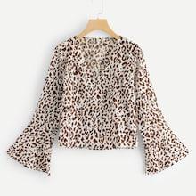 Romwe Leopard V Neck Flounce Sleeve Blouse