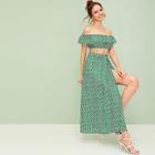 Romwe Daisy Floral Off The Shoulder Top With Split Thigh Skirt