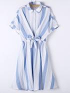 Romwe Blue Lapel Roll-up Cuff Bow Stripe Dress