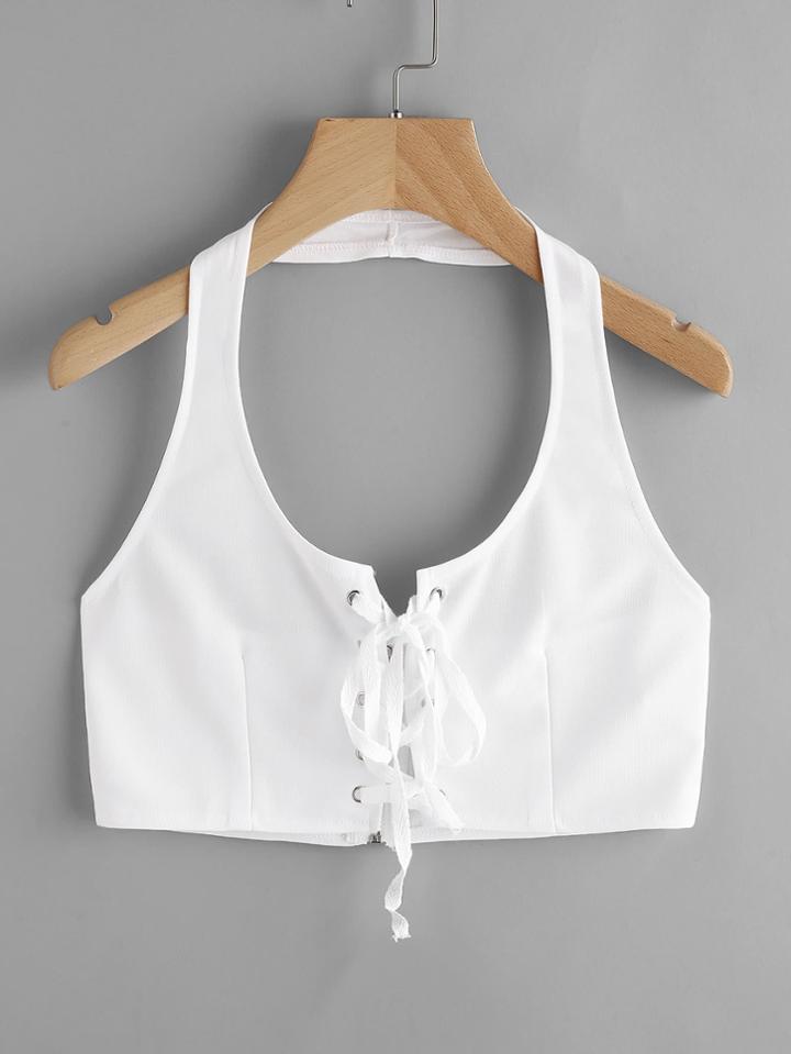 Romwe Halter Neck Eyelet Lace Up Top