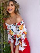 Romwe Floral Cropped Bell Sleeve Top