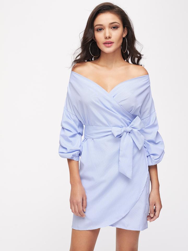 Romwe Bardot Bow Tie Waist Pinstripe Dress