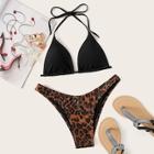 Romwe Halter Top With Leopard High-leg Bikini Set