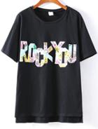 Romwe Rock You Pattern Dip Hem Black T-shirt