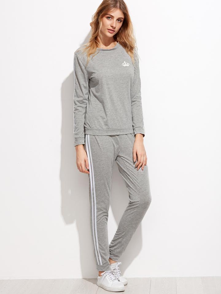 Romwe Grey Crown Print Striped Trim Sweatshirt With Pants