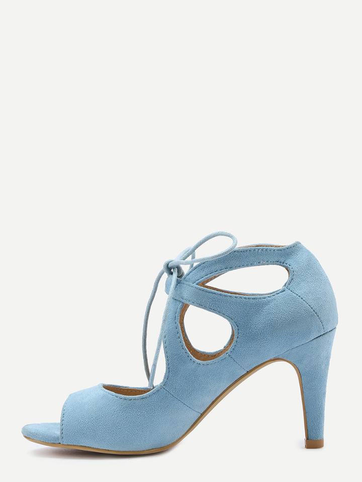 Romwe Faux Suede Lace-up Peep Toe Pumps - Light Blue
