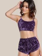 Romwe Velvet Crop Cami And Shorts Co-ord