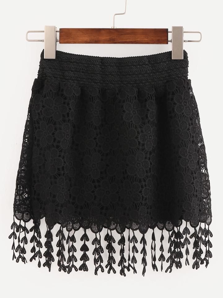 Romwe Black Elastic Waist Lace Crochet Fringe Skirt