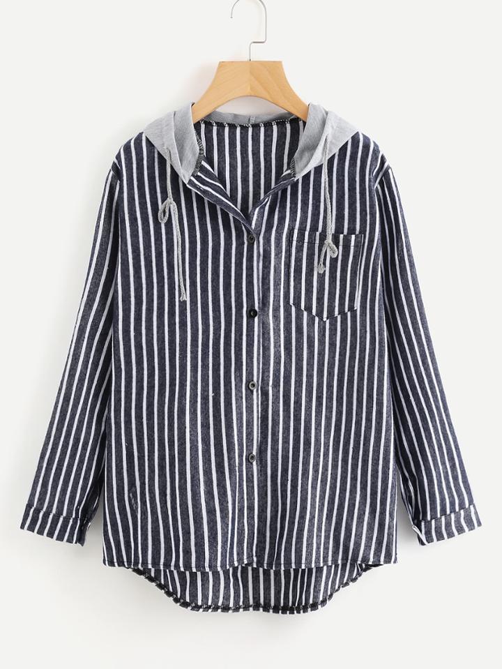 Romwe Striped Dip Hem Hooded Shirt