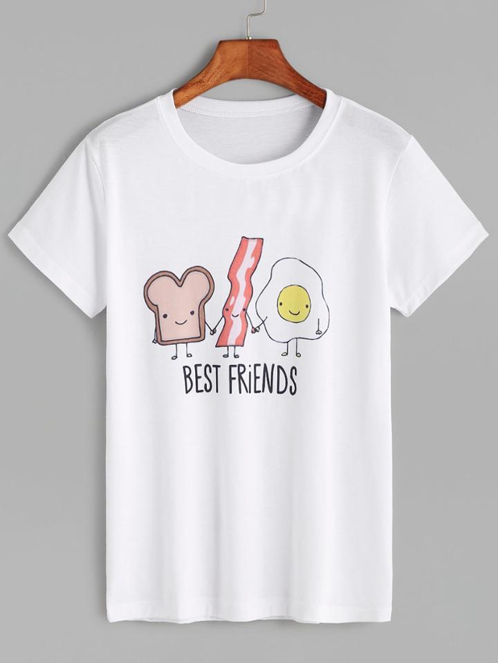 Romwe White Letter And Cartoon Print T-shirt