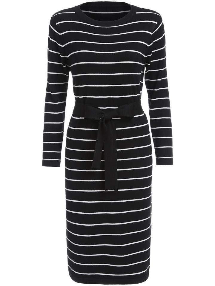 Romwe Round Neck Striped Bow Black Sweater Dress