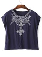 Romwe Navy Cap Sleeve Embroidery T-shirt