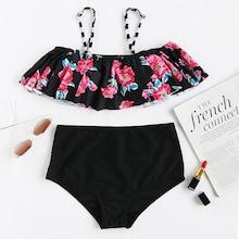 Romwe Flower Pattern Flounce Top With High Waist Bikini
