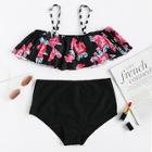 Romwe Flower Pattern Flounce Top With High Waist Bikini