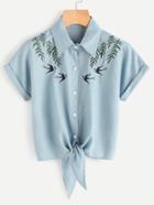 Romwe Tie Front Swallows Embroidered Denim Shirt