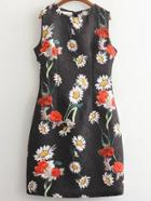Romwe Black Sleeveless Floral Zipper Back Dress