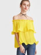 Romwe Yellow Frilled Pleated Off The Shoulder Top