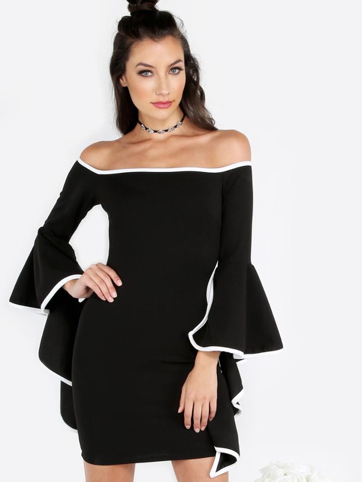 Romwe Contrast Trim Bardot Asymmetrical Ruffled Sleeve Mini Dress