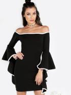 Romwe Contrast Trim Bardot Asymmetrical Ruffled Sleeve Mini Dress