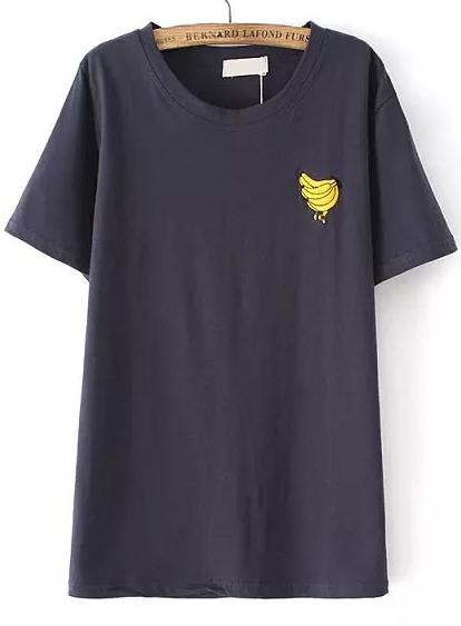Romwe Banana Embroidered Navy T-shirt
