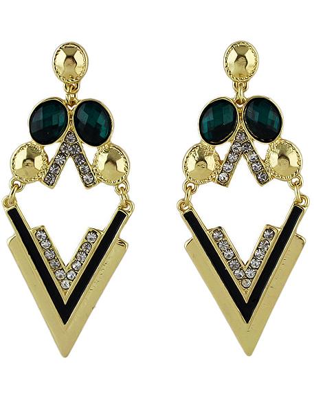Romwe Dark Green Triangle Gemstone Gold Earrings