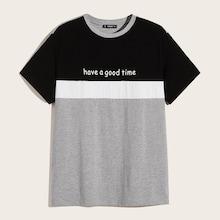 Romwe Guys Slogan Print Colorblock Heathered Knit Tee