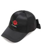 Romwe Rose Embroidery Satin Baseball Cap With Bow Tie