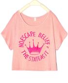 Romwe Pink Short Sleeve Imperial Crown Print T-shirt