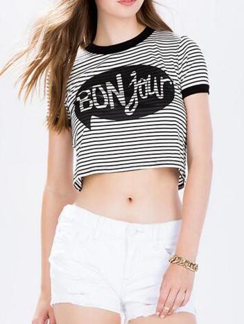 Romwe Stirped Contrast Trim Crop T-shirt
