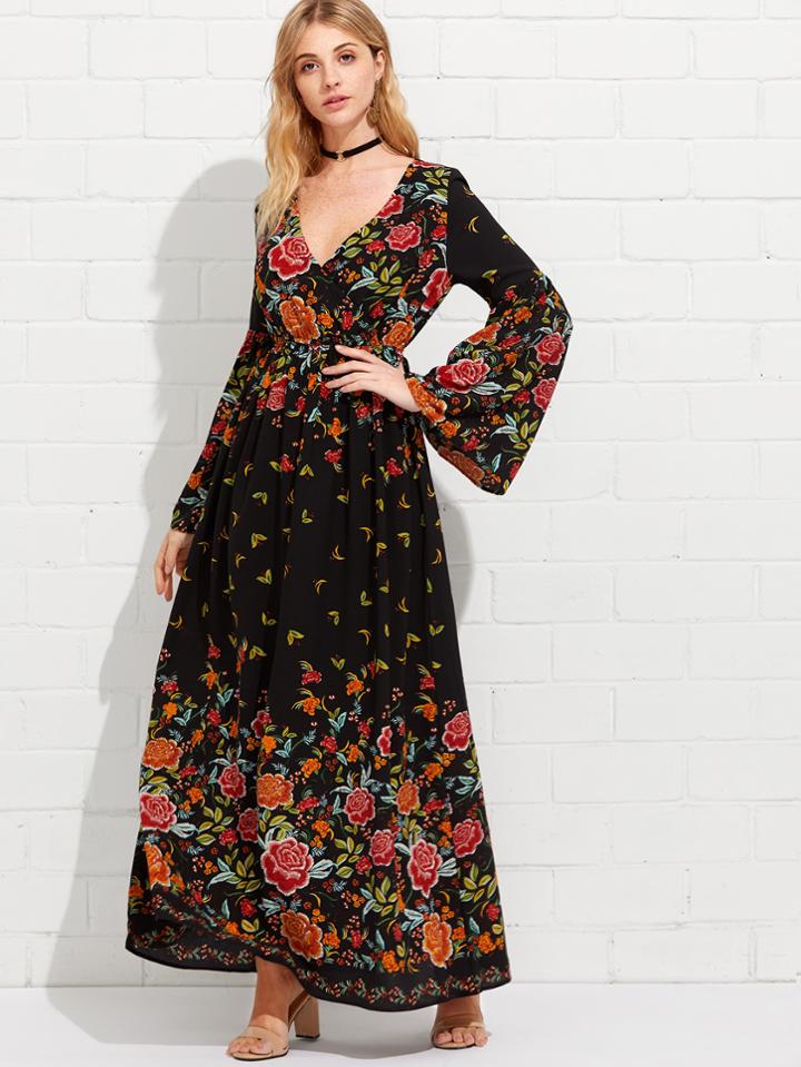 Romwe Overlap Front Trumpet Sleeve Botanical Dress