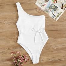 Romwe One Shoulder Belted One Piece Swimsuit
